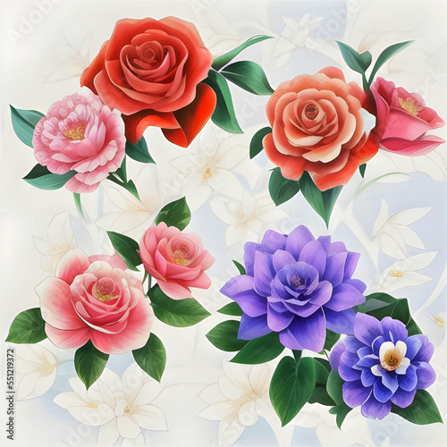 Pink rose background. Beautiful illustration of flowers elegant bouquet on white background. Cute Colorful Flowers. 3d rendering.