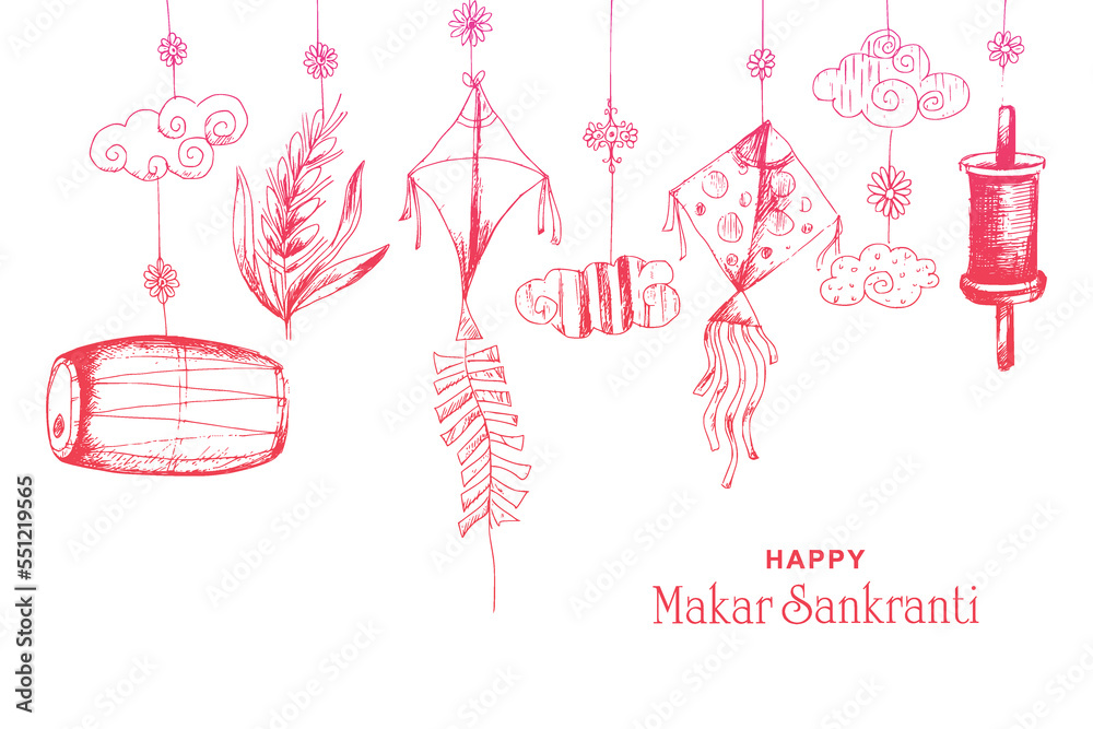 Hand draw sketch happy makar sankranti holiday india festival background