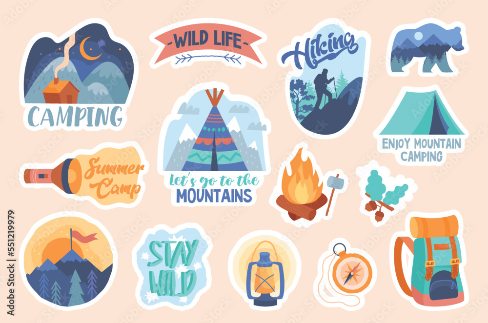 Camping lettering stickers set. Collection of graphic elements for website. Hiking, travel and tourism, active lifestyle concept. Cartoon flat vector illustrations isolated on beige background