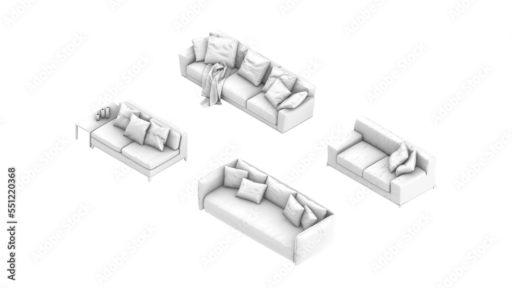 3D High Poly Sofa - SET1 Monochromatic - Isometric View 3