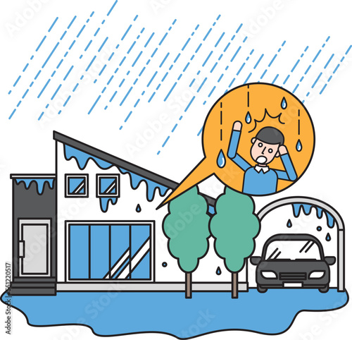 大雨によって雨漏りしている住宅と困る住人