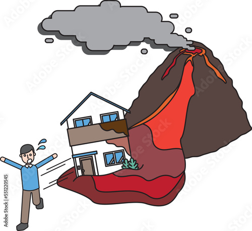 噴火の被害にあう住宅と逃げる住民