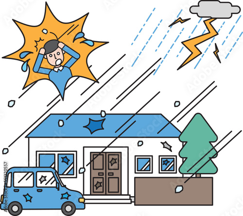 大粒の雹の被害を受ける住宅と驚く住民