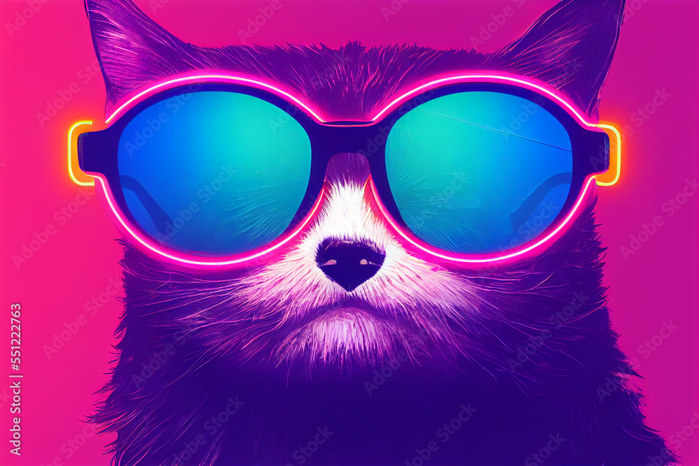 cyberpunk cat with sunglasses, dressed in neon color clothes