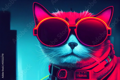 cyberpunk cat with sunglasses  dressed in neon color clothes