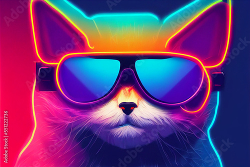 cyberpunk cat with sunglasses, dressed in neon color clothes