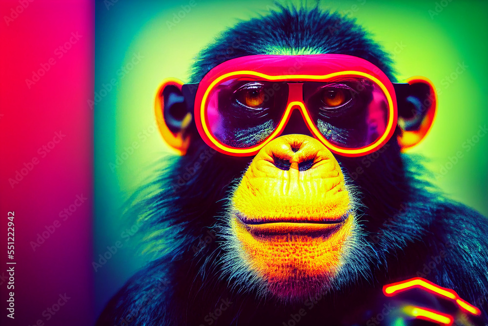 cyberpunk Chimpanzee with sunglasses, dressed in neon color clothes