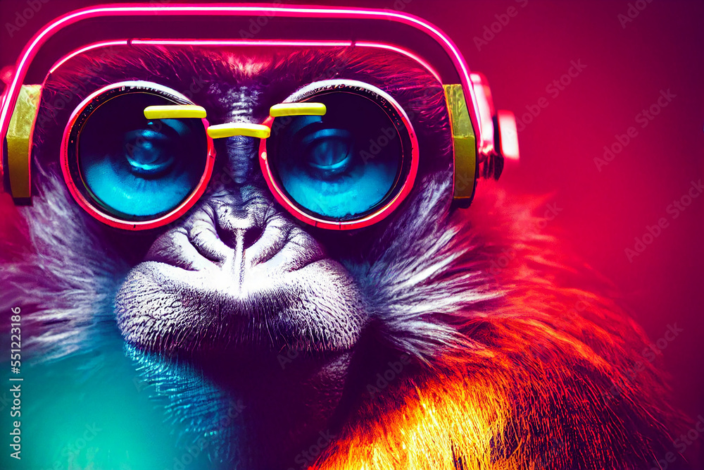 cyberpunk Chimpanzee with sunglasses, dressed in neon color clothes