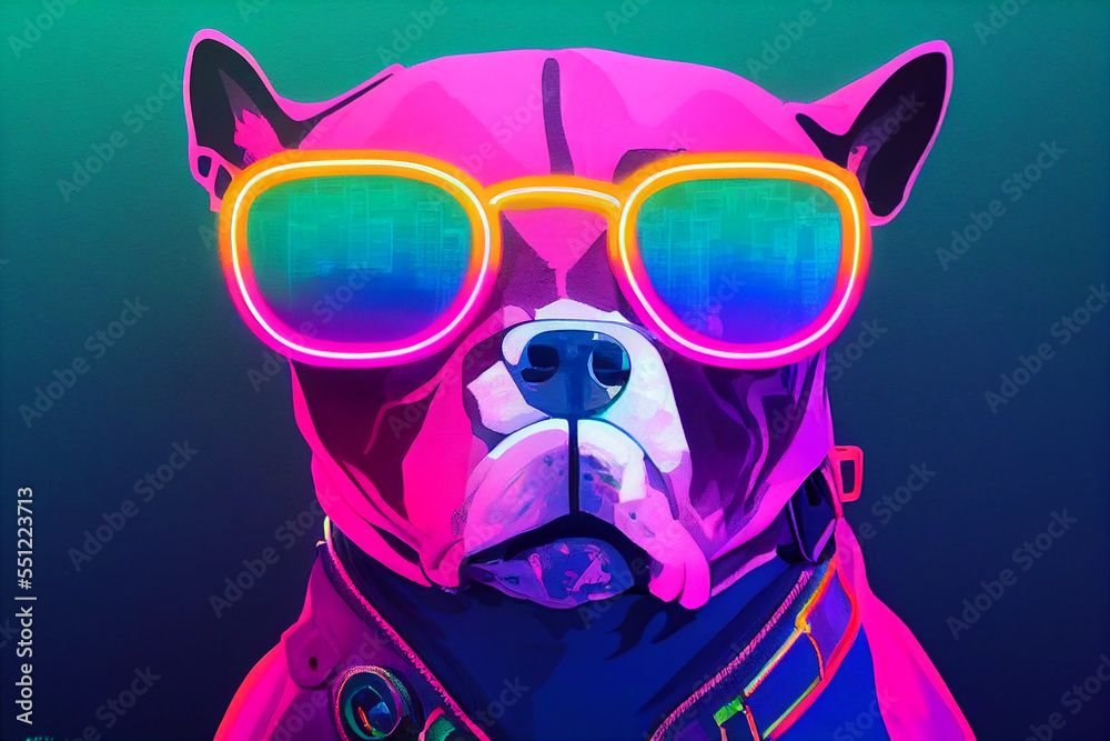 cyberpunk Pitbull dog with sunglasses, dressed in neon color clothes cyberpunk Pitbull dog with sunglasses, dressed in neon color clothes