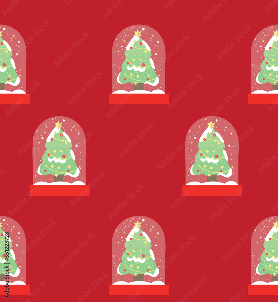 Snow globes with Christmas trees inside on red background. Pattern for design