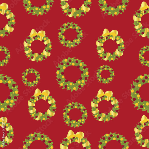 Christmas wreaths on red background. Pattern for design