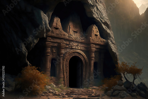 Fotografia AI generated image of the entrance of an ancient Hindu temple inside a cave