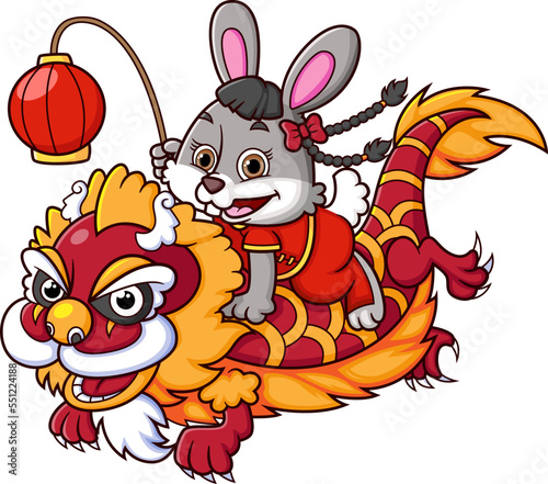 Happy Chinese New Year Lion Dance with cute rabbit character