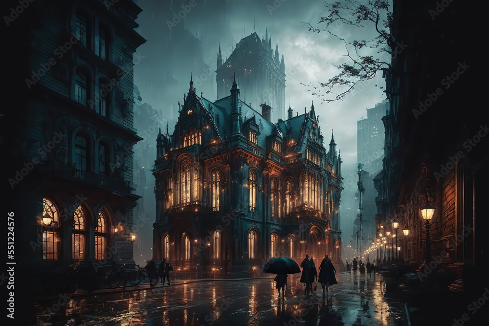 AI generated image of a fantastical medieval mysterious city of darkness and light	
