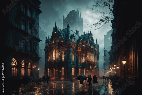 AI generated image of a fantastical medieval mysterious city of darkness and light 