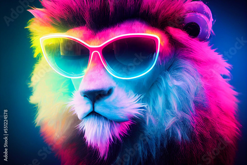 cyberpunk lion with sunglasses, dressed in neon color clothes © rufous
