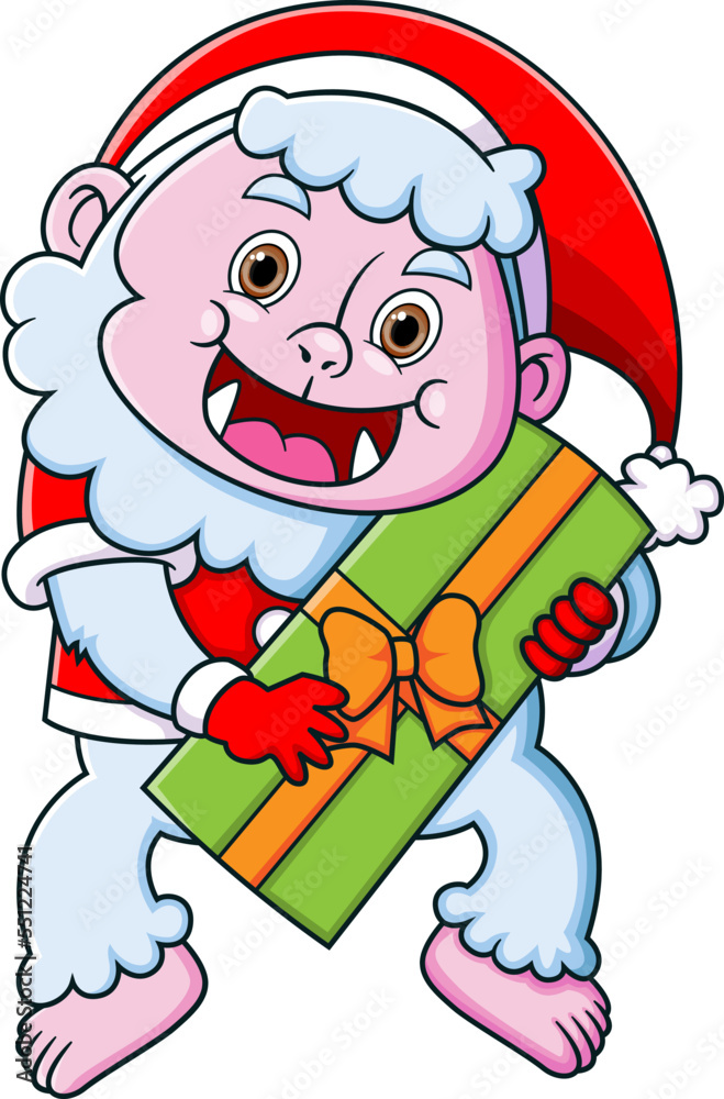 Cute yeti wearing santa costume and carrying a big gift box Cute yeti wearing santa costume and carrying a big gift box