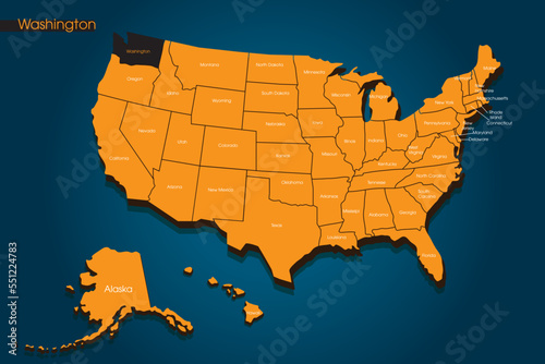 United States of America Map - 3D illustration of U.S. map with full names of states. Washington location on USA map. Vector template for website, design, infographics. Eps10 vector illustration.