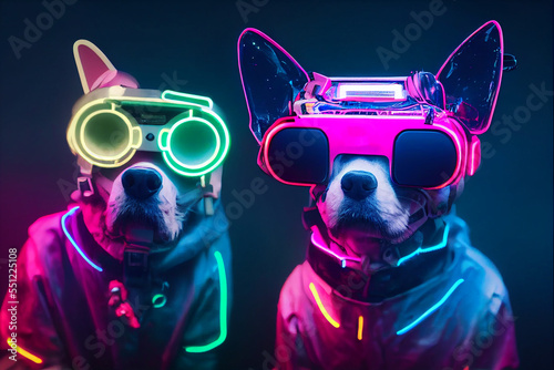 cyberpunk virtual reality dog , dressed in neon color clothes © rufous