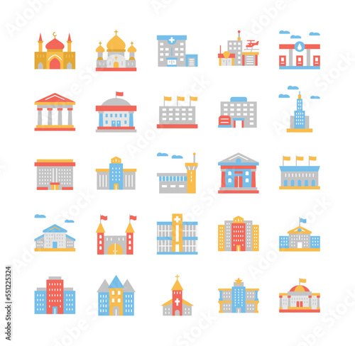 Set of buildings icons. Collection of graphic elements for website. Construction and architecture. Castles, houses and skyscrapers. Cartoon flat vector illustrations isolated on white background
