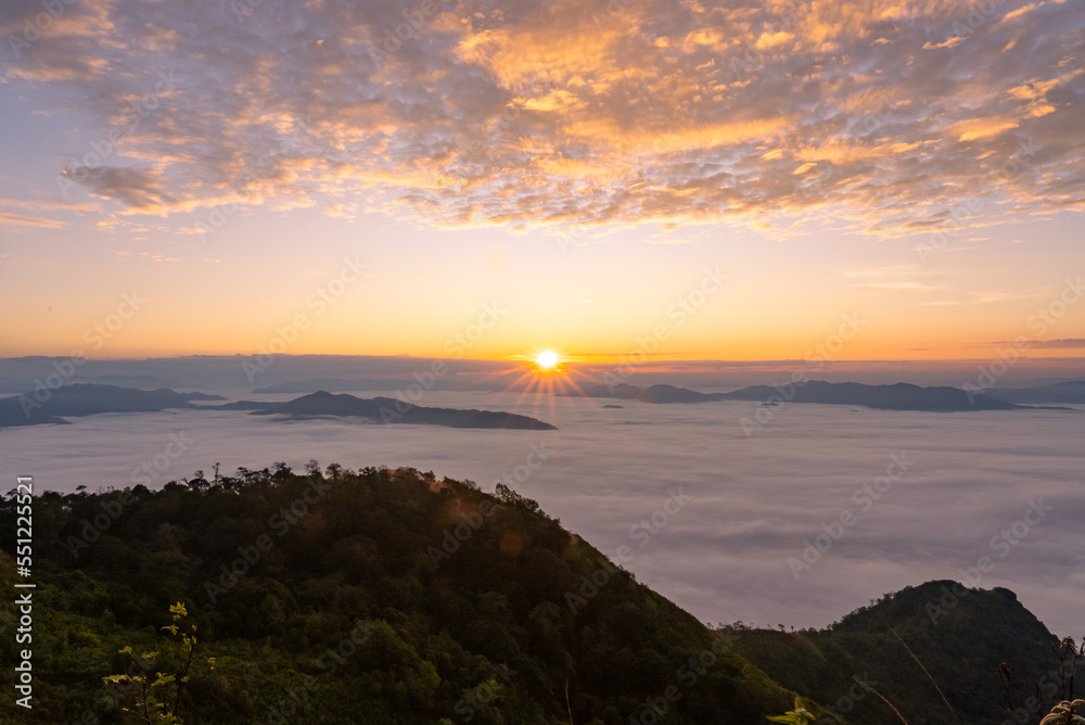 Landscape of Sea of Mist and Mountains at Sunrise