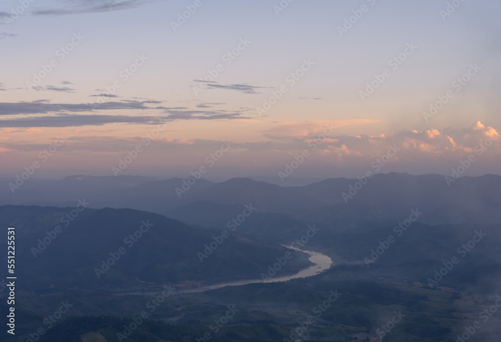 Landscape of Mountains Valley and River From Top View at Sunset