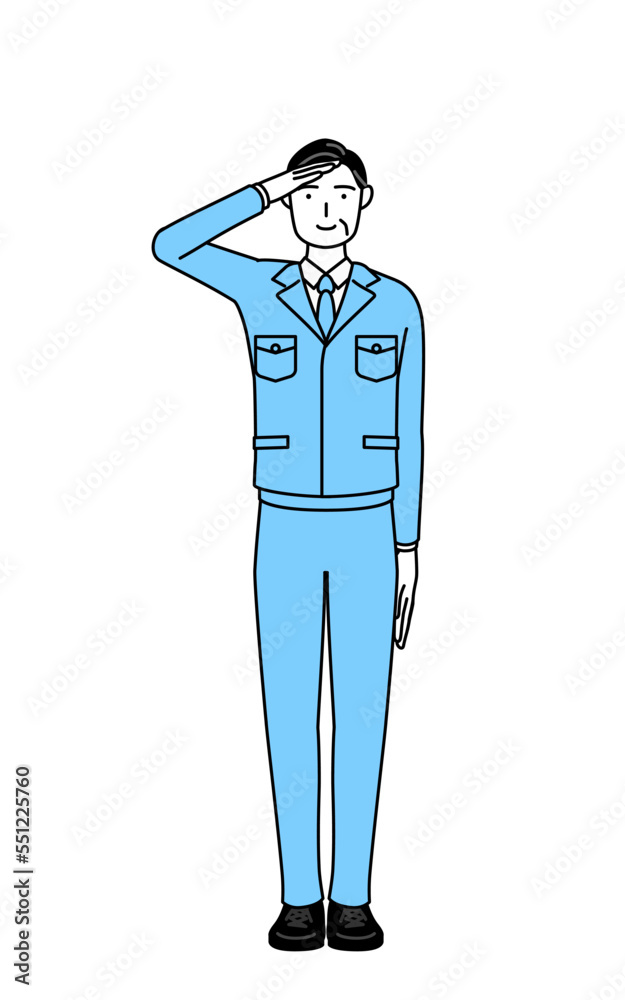 軍隊式敬礼する作業着を着た男性（経営者、管理職、工場長）