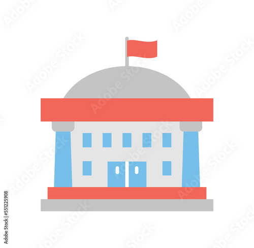 Town Hall icon. Luxurious beautiful building with red flag at top. Sticker for social networks and instant messengers. Modern urban architecture and residence. Cartoon flat vector illustration