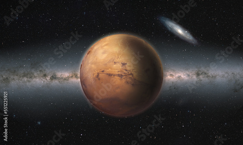 Planet Mars with stars in deep space Andromeda and Milky way galaxy in the background " Elements of this Image Furnished By Nasa"