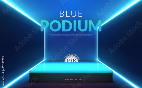 Blue background concept, blue podium with neon light on blue room, Vector illustration