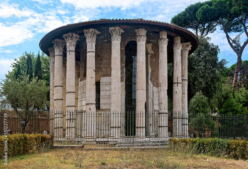 The Temple of Hercules or Hercules Olivarius from the 2nd century BC in Rome, Italy. It is the earliest surviving marble building in Rome. For centuries, this was known as the Temple of Vesta.