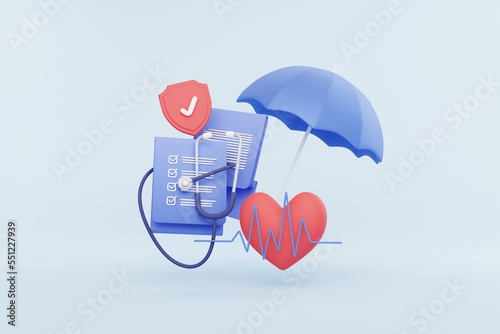 medical health care insurance concept on blue pastel background. clipart insurance financial service, umbrella, stethoscope and ekg icon. 3d illustraion