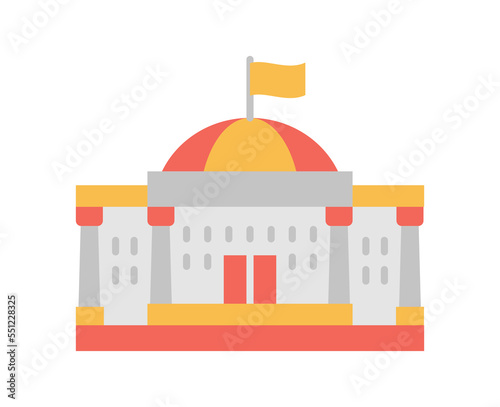 Grey building with flag icon. Luxurious building with large yellow and red roof. Government or city hall, urban architecture. Logo for company. Poster or banner. Cartoon flat vector illustration