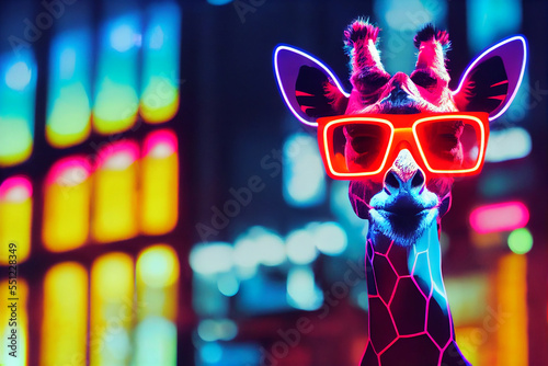 cyberpunk giraffe with sunglasses, dressed in neon color clothes