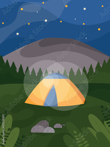 Night natural landscape. Tent in forest against background of rocks and mountains. Active lifestyle  hiking and camping. Hobby and leisure. Poster or banner. Cartoon flat vector illustration