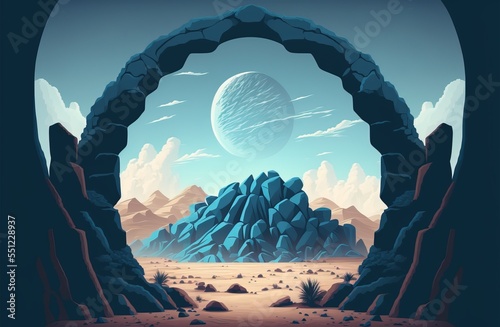 Fototapete Portal rift to another barren desert world, ancient alien technology stone ruins star gate
