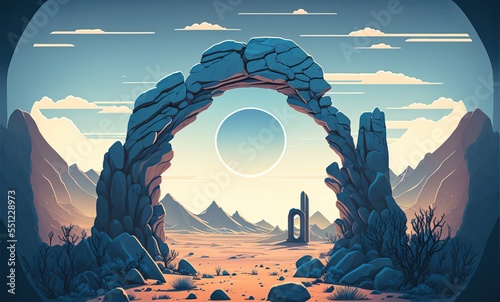 Fotografie, Tablou Portal rift to another barren desert world, ancient alien technology stone ruins star gate