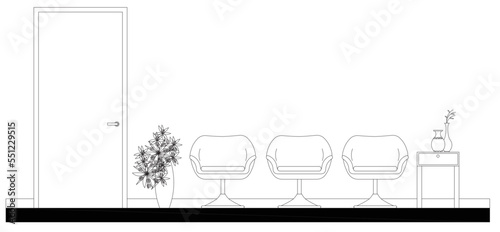 2D elevation graphics of the waiting room. A few waiting chairs are provided along with simple furniture near the door. Black and white drawing using CAD.
