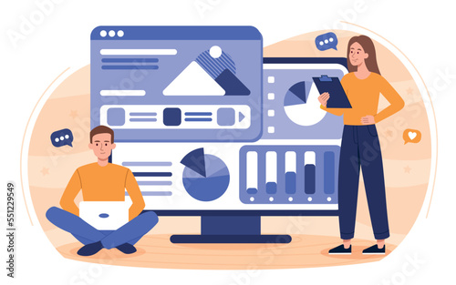 Website layout design. Man and woman design graphic elements for website and analyze statistics, graphs, diagrams and charts. Teamwork, partnership and collaboration. Cartoon flat vector illustration