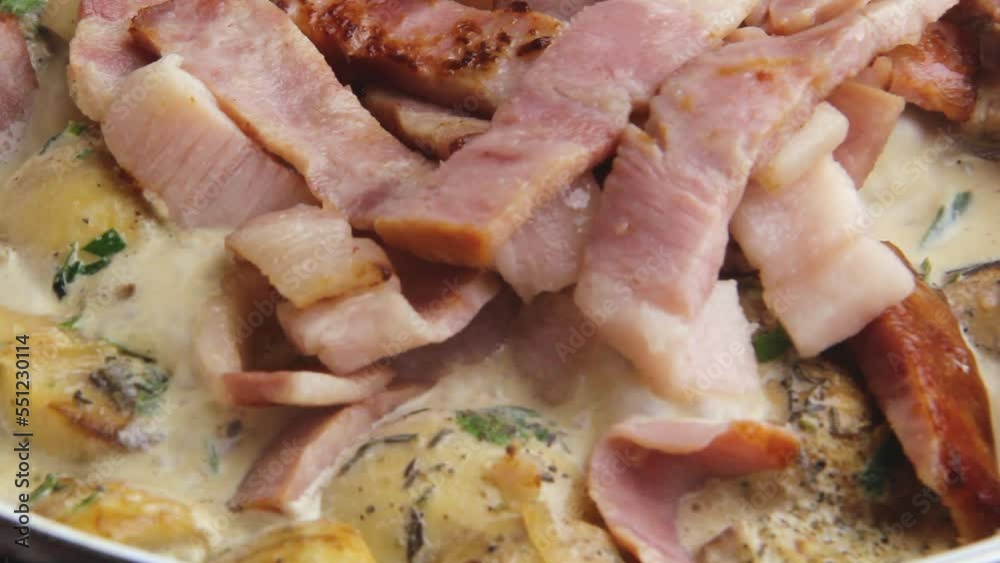 Cooking a casserole with mushrooms and bacon with cheese in a creamy sauce cheese crust Cooking a casserole with mushrooms and bacon with cheese in a creamy sauce cheese crust
