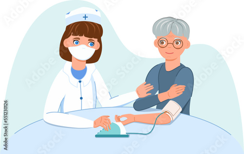 A doctor measures an elderly patient's blood pressure with a tonometer. Figure. Graphic. Under the mask. Cartoon drawing with characters. Health theme. 