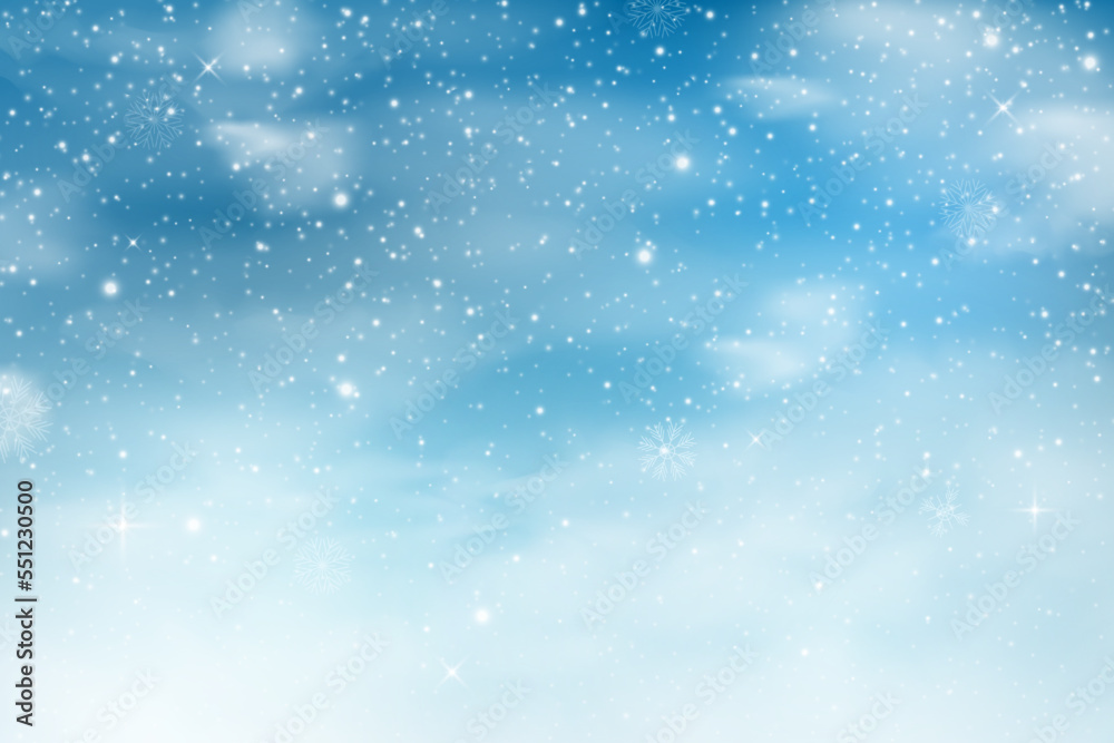 Snow sky with snowflakes. Winter season. Christmas falling blue ice. Frosty effect. December weather. Snowstorm crystal sparks. New Year blizzard background. Vector snowfall texture