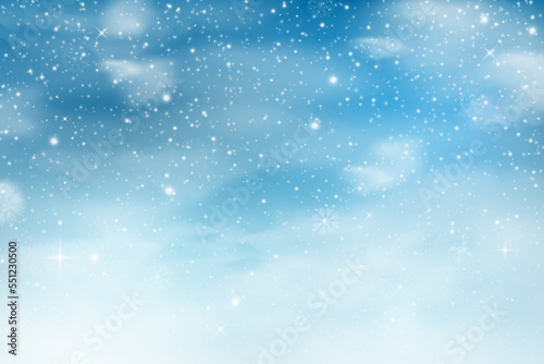 Snow sky with snowflakes. Winter season. Christmas falling blue ice. Frosty effect. December weather. Snowstorm crystal sparks. New Year blizzard background. Vector snowfall texture © SpicyTruffel