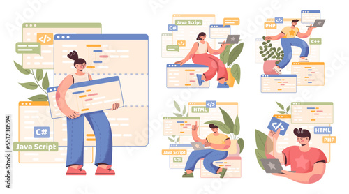 Code engineer works in program software. Web technology language. Backend java coder. Laptops and plants. Computer programming concepts. Developers windows. Vector cartoon illustration