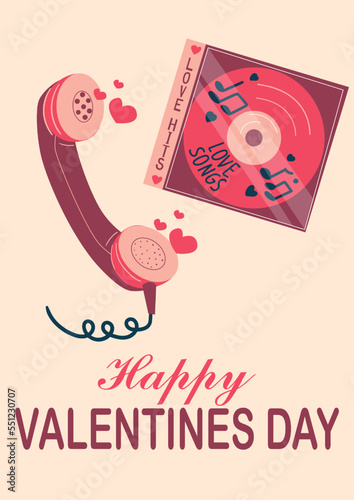 Valentine Day. Telephone handset. Love songs compact disc. Greeting card. Holiday celebration elements. Pink amour hearts. Romantic call and music melody CD. Vector cartoon festive poster