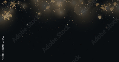 Gold snowflakes and stars fall on dark background. Luxury background. Vector illustration
