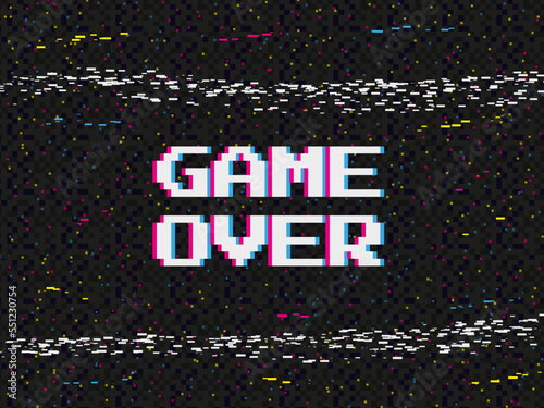 Game over background, glitch pixels device screen. Retro 90s, 80s video game, vhs old television texture, VHS backdrop. Videotape rewind, analog movie playback. Vector vintage wallpaper