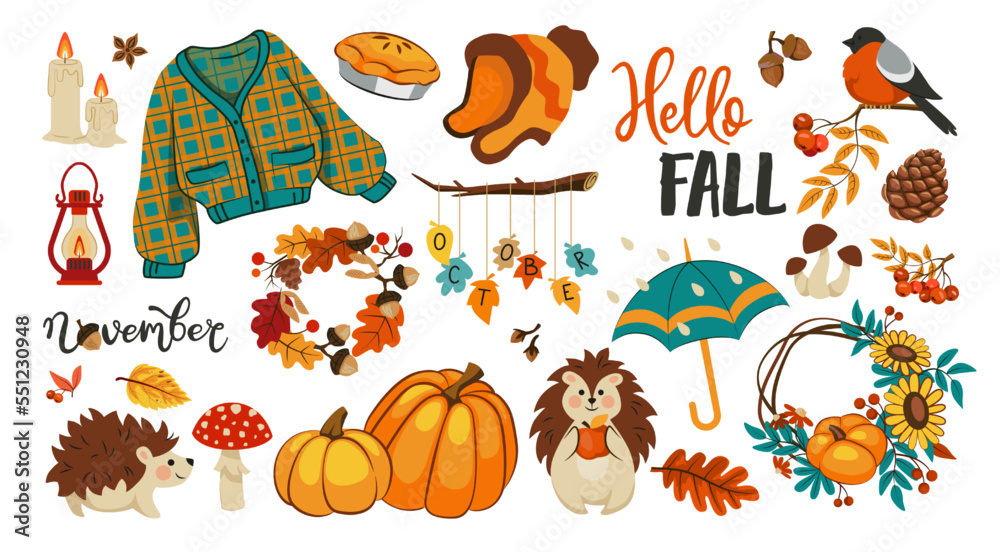 Doodle autumn. Cute hello fall stickers. Turkey and candle. Acorn and leaves. October rain. Pumpkin pie. Warm clothing. Cute hedgehog. Isolated elements set. Vector cartoon collection