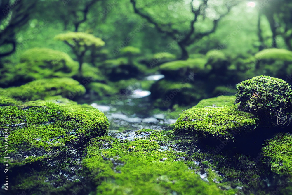 forest, moss-covered rocks, sunlight, reflecting water forest, moss-covered rocks, sunlight, reflecting water