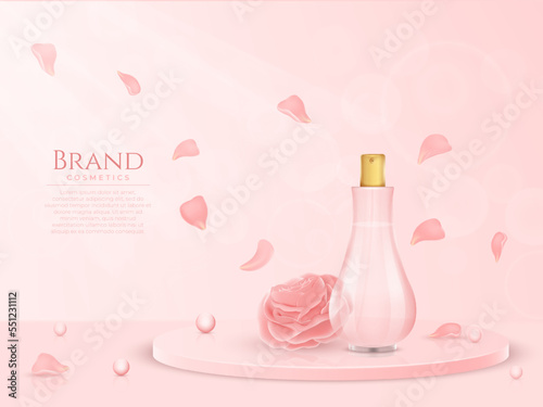 Pink rose fragrance. Cosmetic product. Beauty ad poster. Flowers and skincare serum. Fluid packaging. Perfume vial. Flying petals and blossom bud. Vector realistic advertising banner